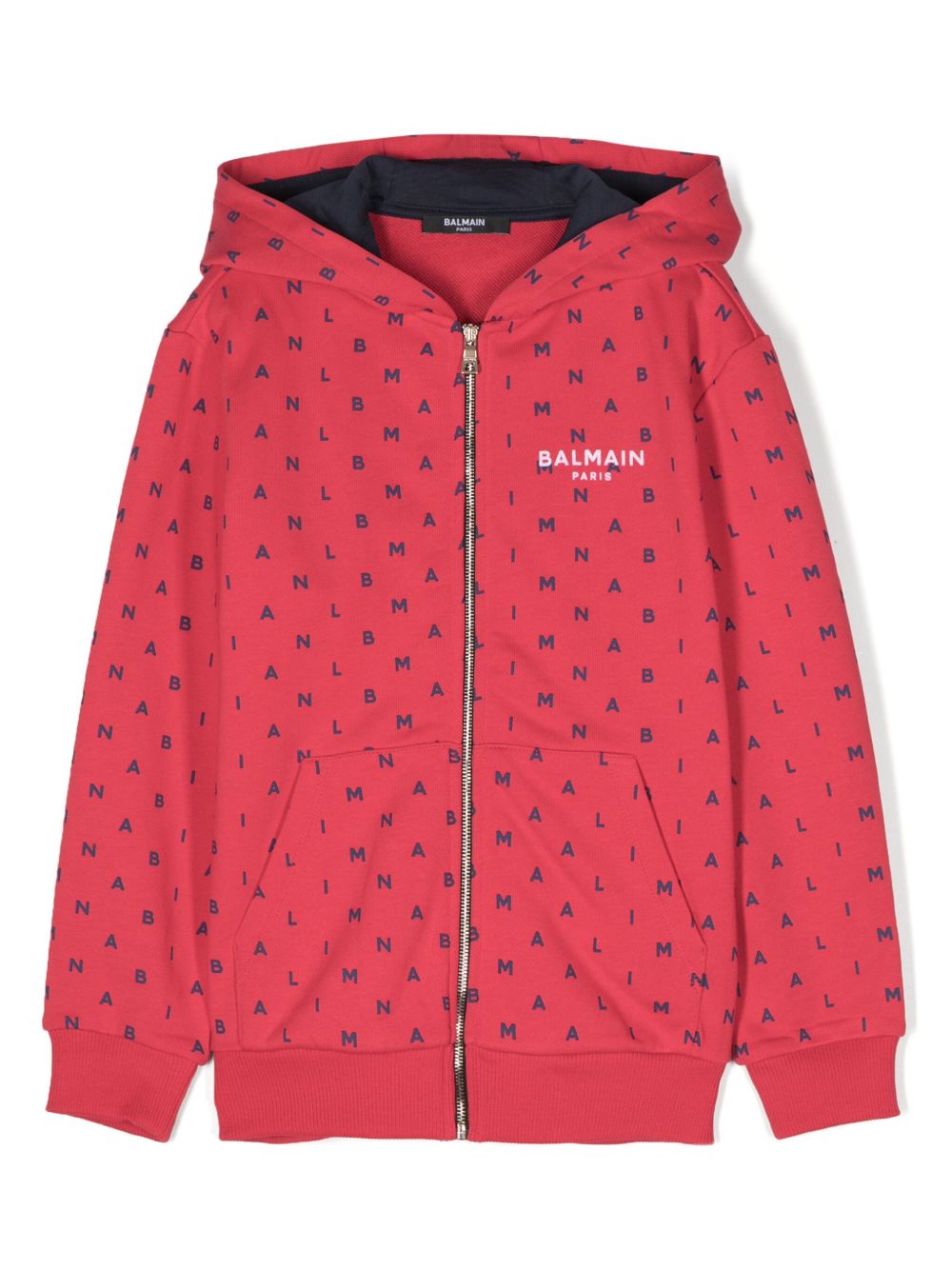 Balmain Kids logo刺绣拉链连帽衫 - 红色