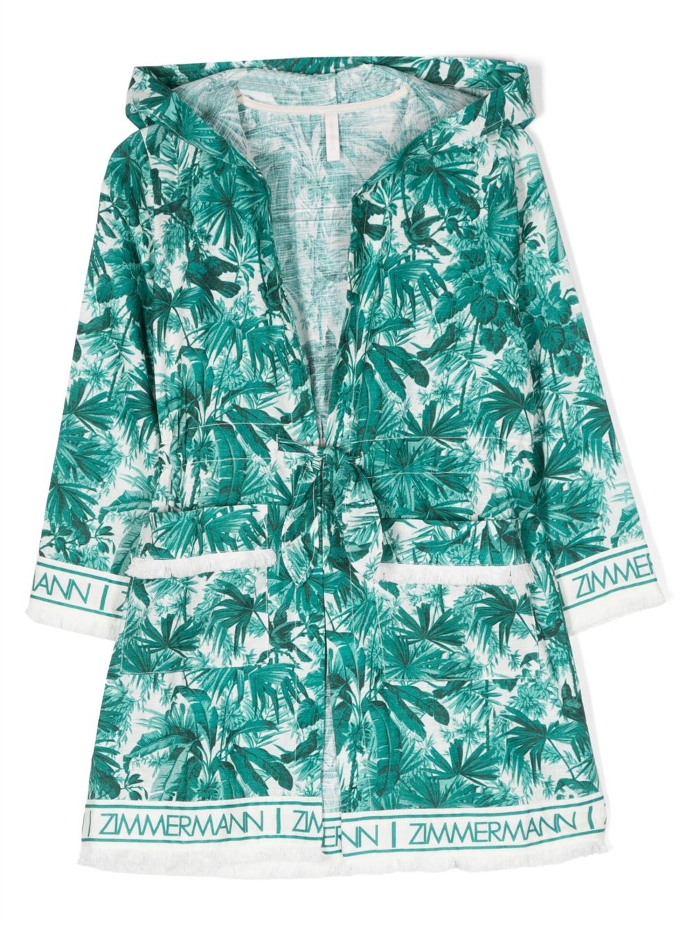 ZIMMERMANN Kids 棕树印花束腰棉连衣裙 - 绿色