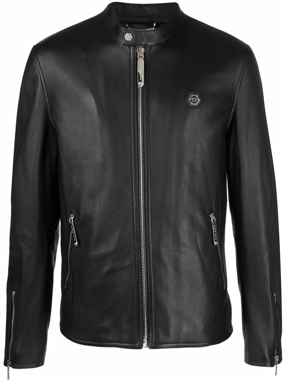 Philipp Plein logo拉链机车夹克 - 黑色