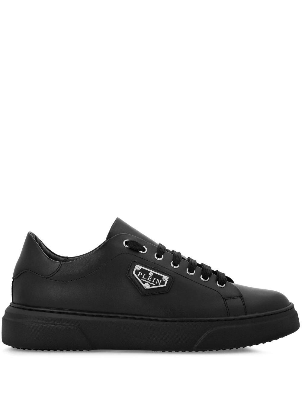 Philipp Plein logo标牌皮质运动鞋 - 黑色