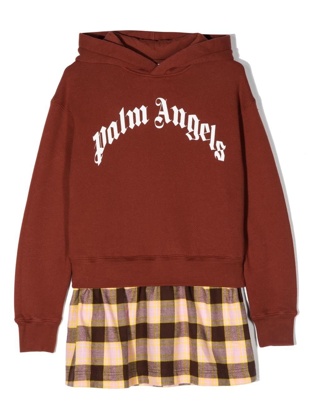 Palm Angels Kids logo印花格纹拼接连帽连衣裙 - 褐色