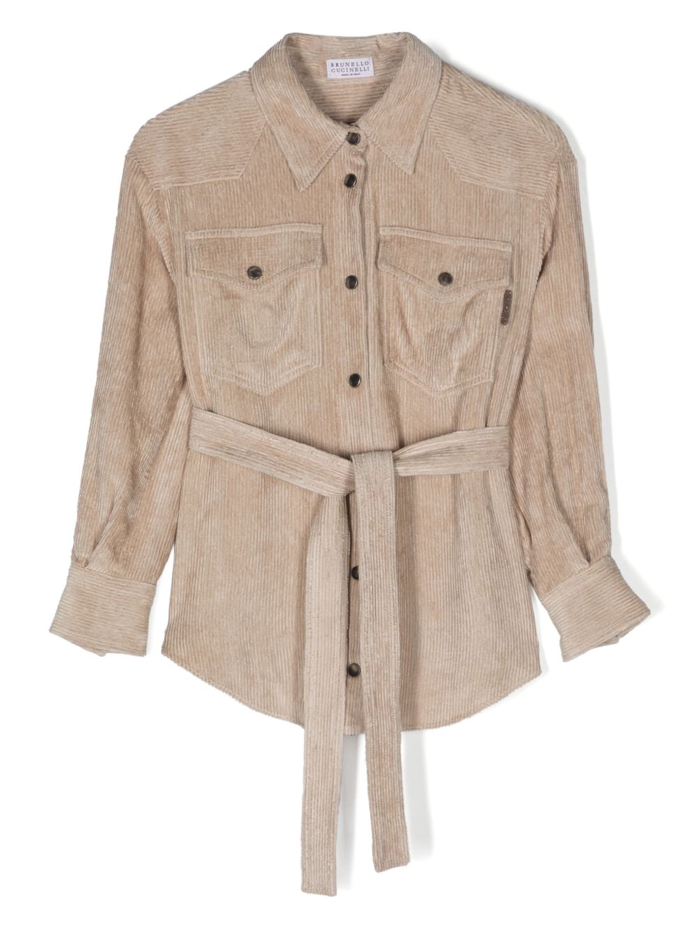 Brunello Cucinelli Kids 凹凸纹理灯芯绒束腰衬衫 - 中性色