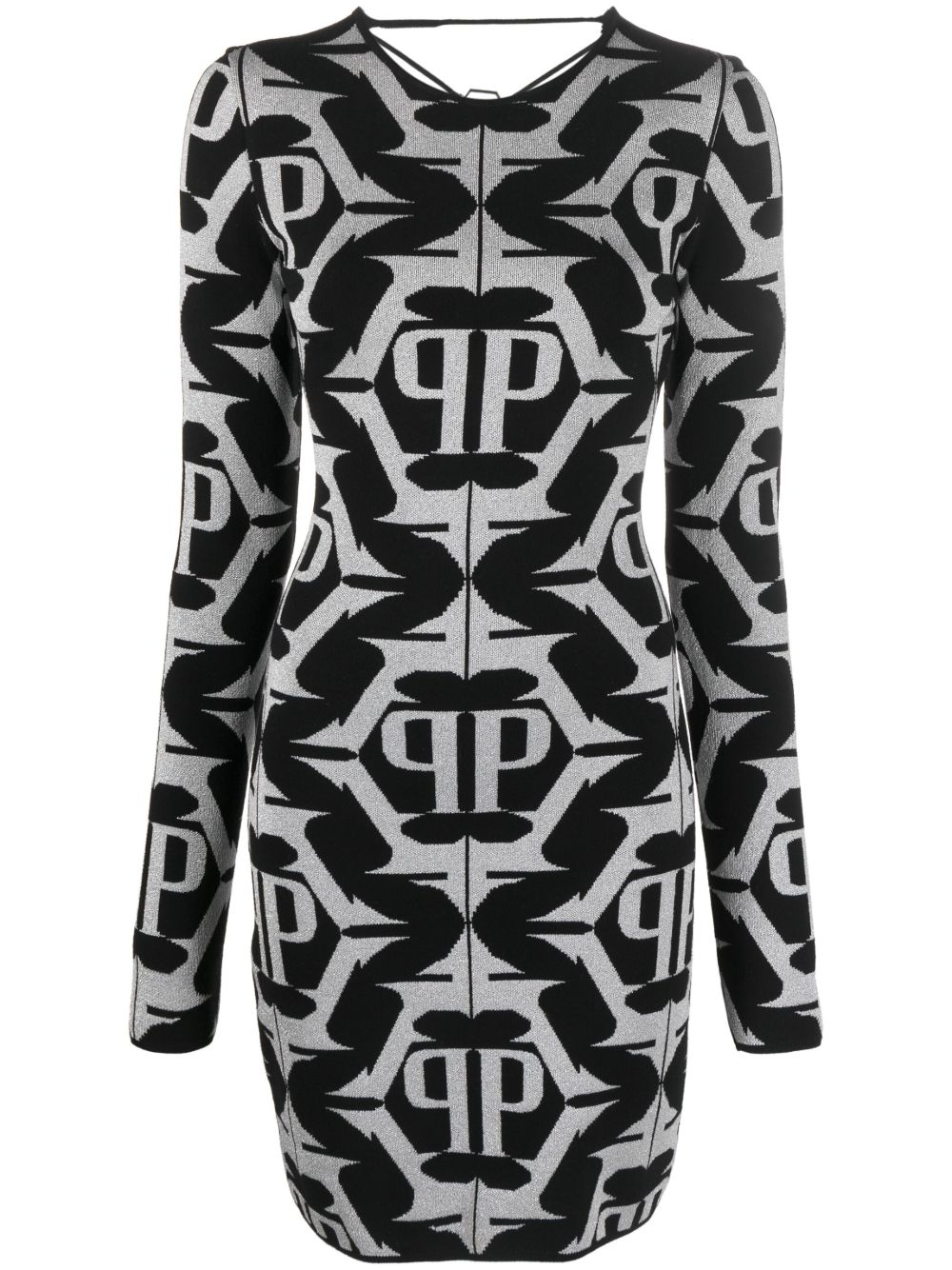 Philipp Plein Hexagon 经典印花提花金银丝迷你连衣裙 - 黑色