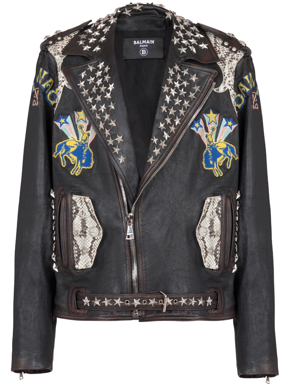 Balmain logo刺绣皮质夹克 - 黑色