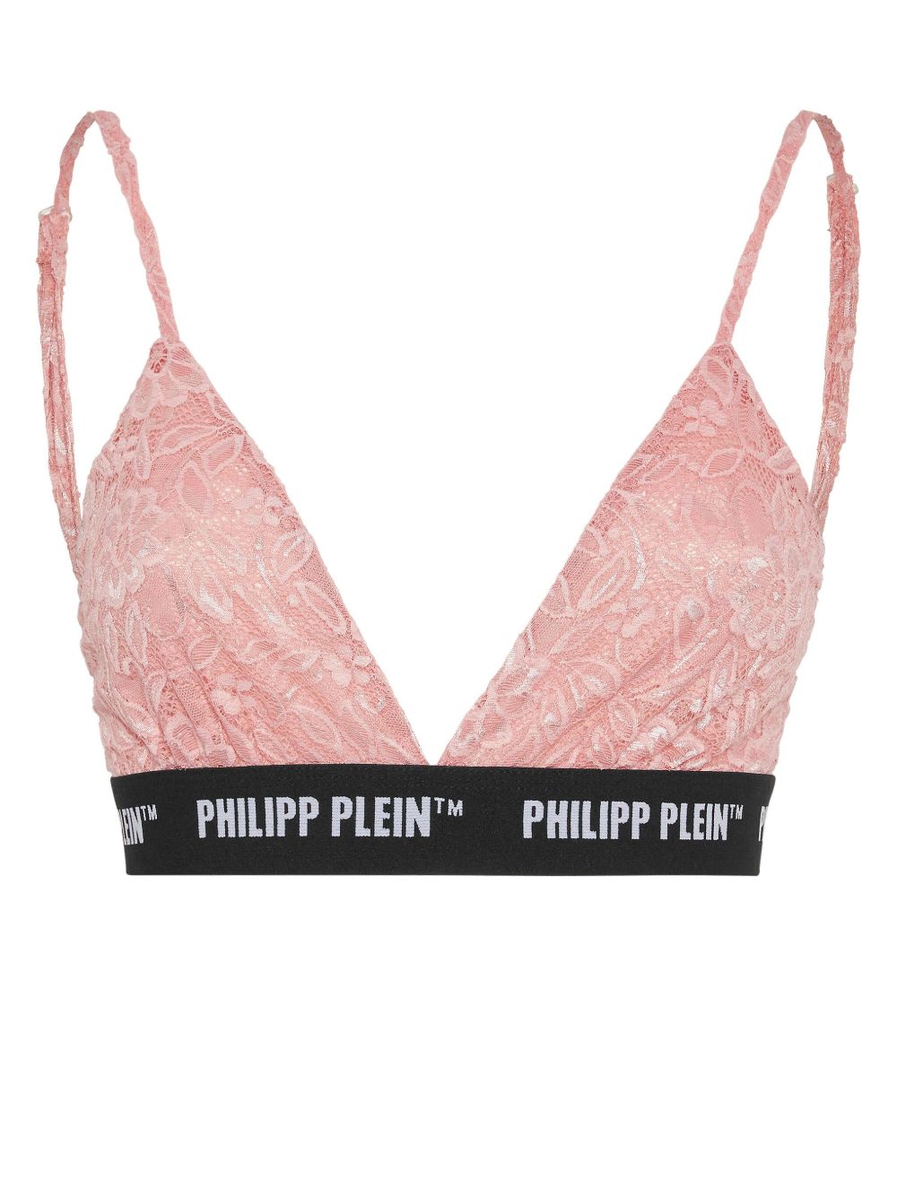 Philipp Plein logo织带三角形蕾丝文胸 - 粉色