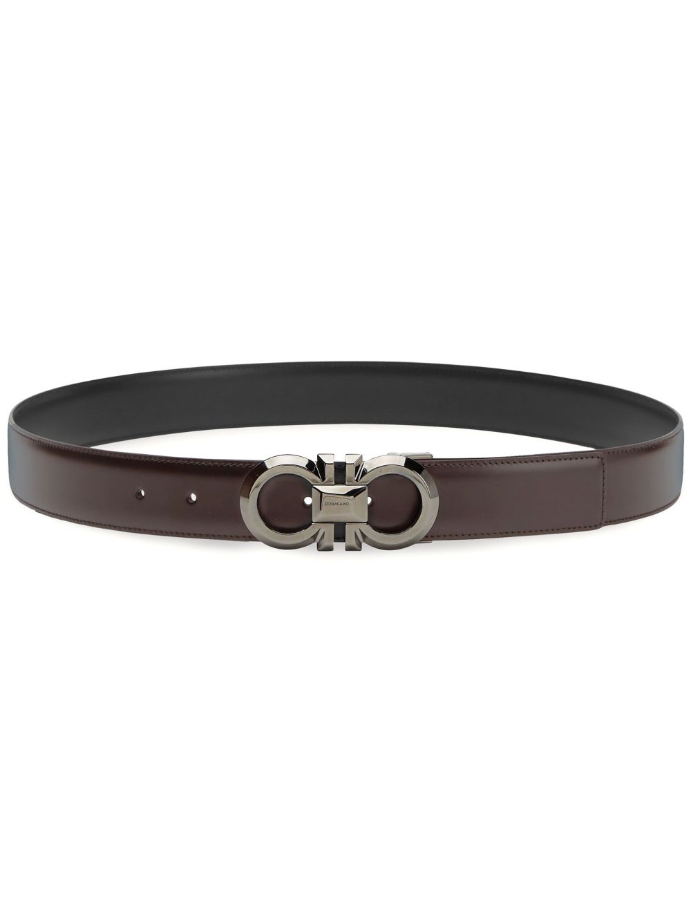 Ferragamo logo雕刻扣环双面皮质腰带 - 黑色