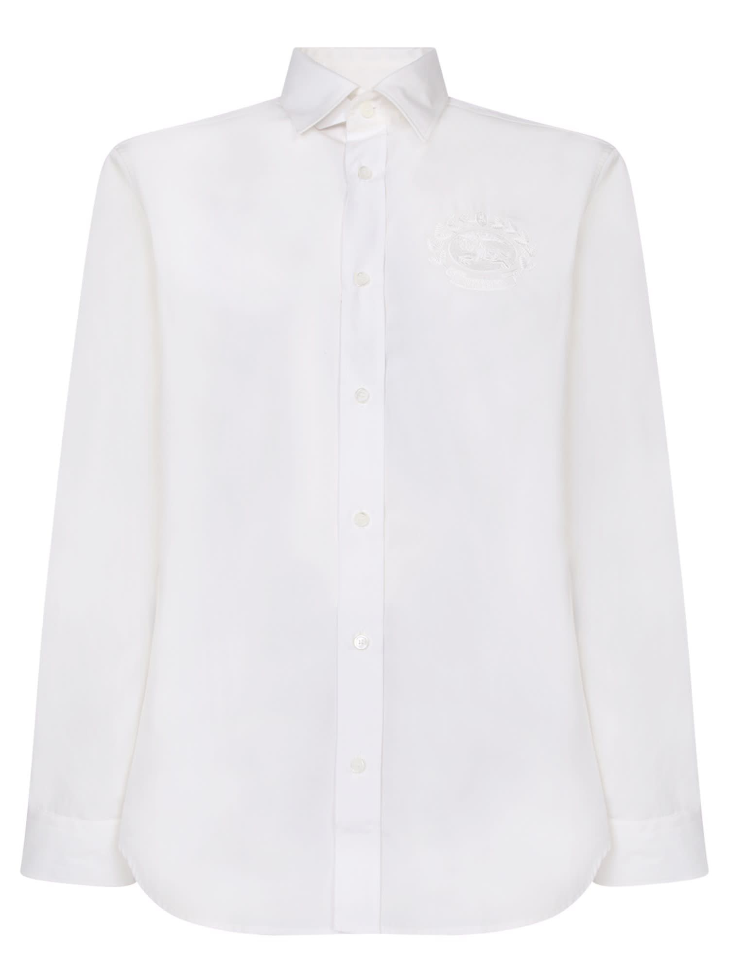 Burberry White Shirt With Classic Collar And Embroidered Logo On The Front In Cotton Man