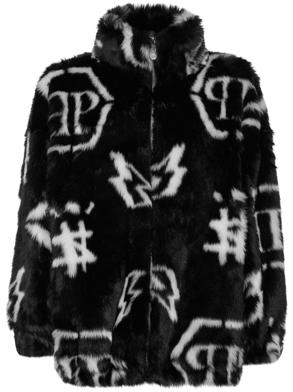 Philipp Plein 经典logo印花人造皮草外套 - 黑色