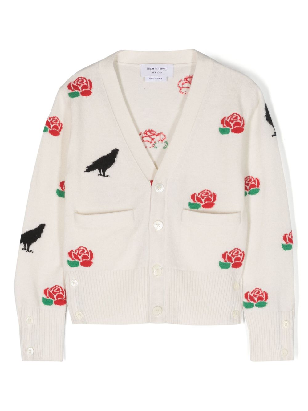 Thom Browne Kids Raven And Roses 嵌花针织开衫 - 白色