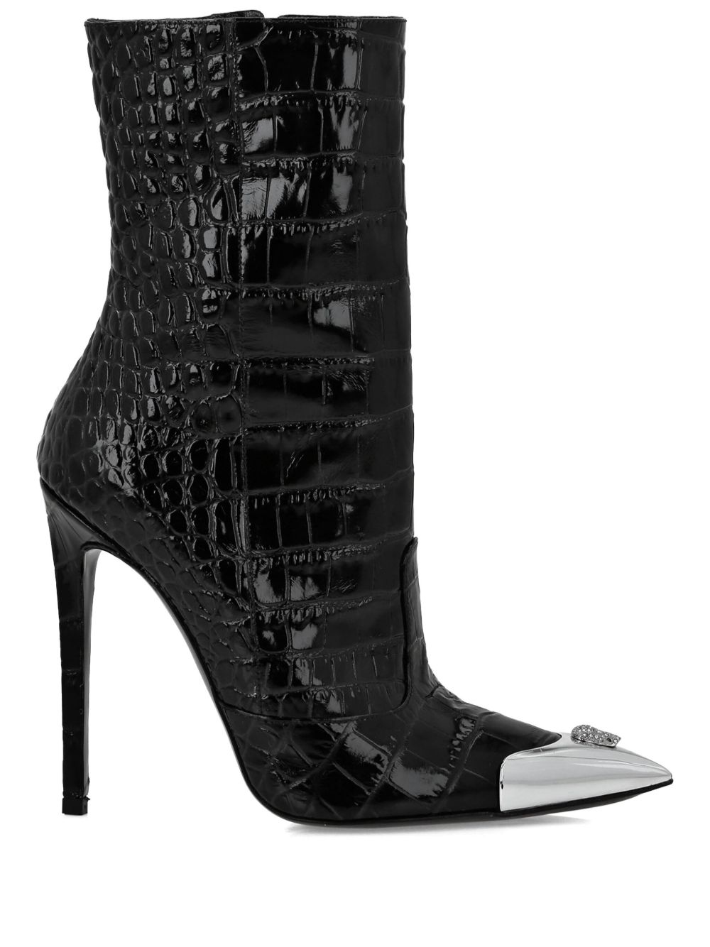 Philipp Plein 骷髅头贴花仿鳄鱼纹高跟靴（12厘米） - 黑色