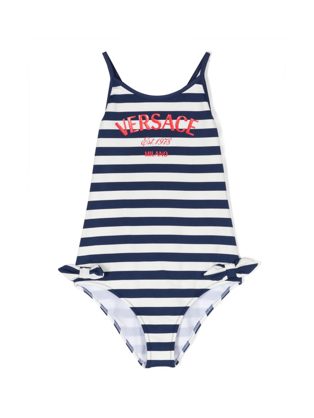 Versace Kids logo印花条纹连体泳衣 - 蓝色