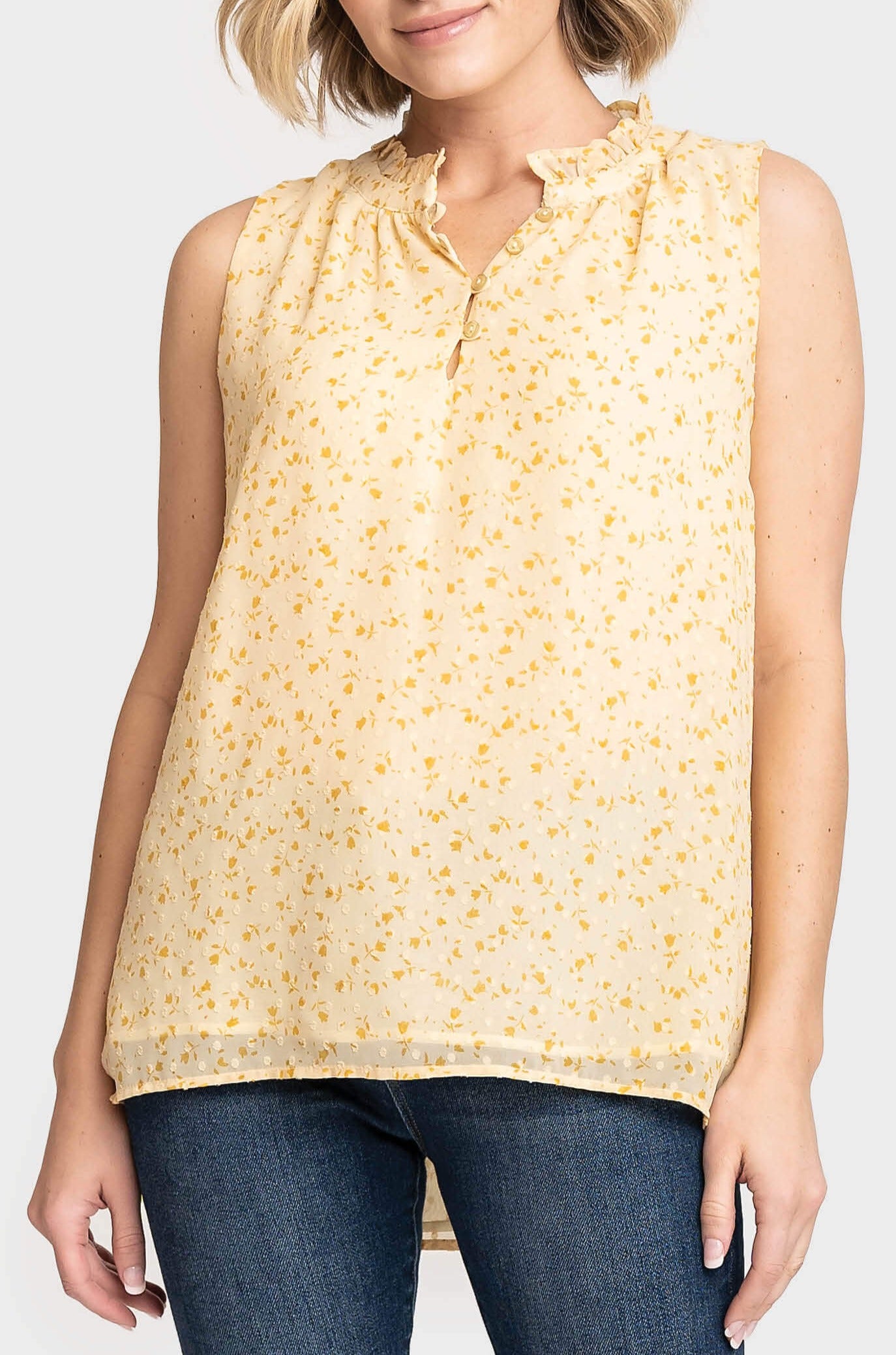 Respect the Ruffle Sleeveless Blouse - Yellow Garden Floral XS
