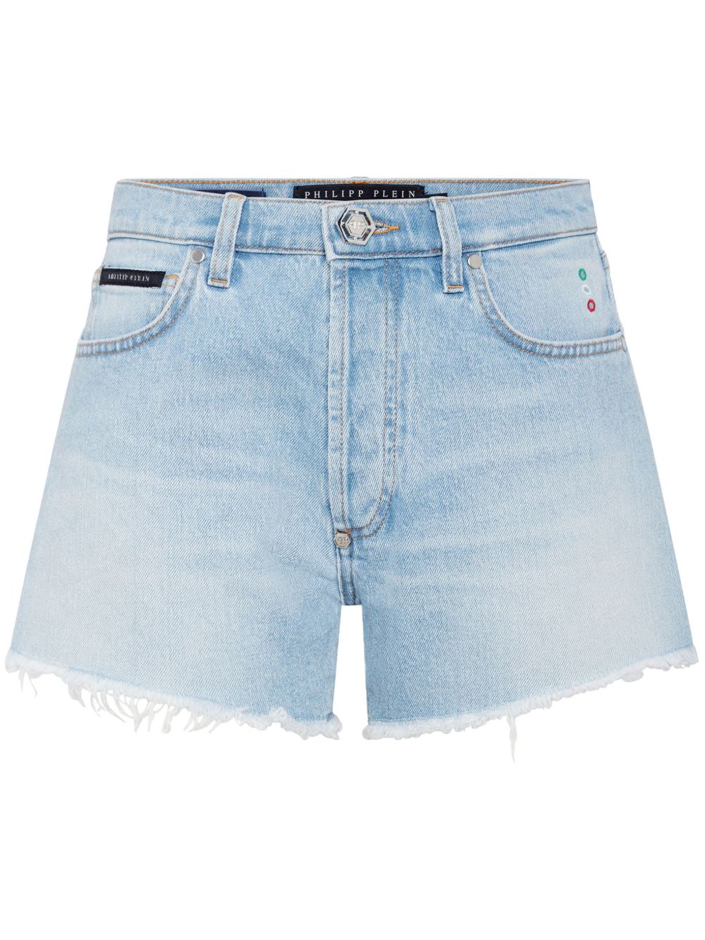 Philipp Plein logo贴花牛仔迷你短裤 - 蓝色