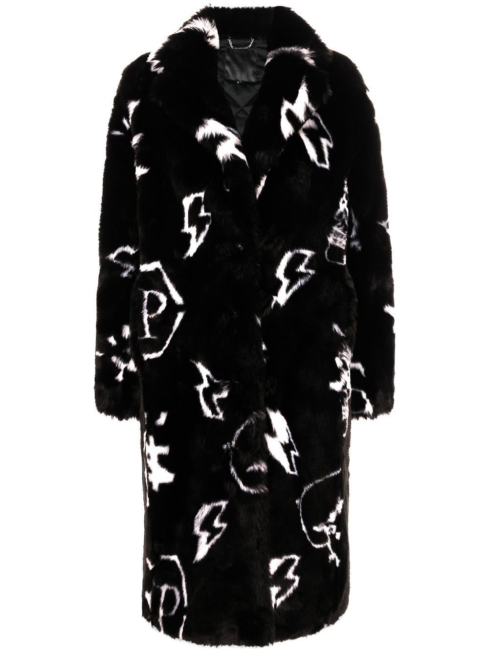Philipp Plein 经典logo人造皮草大衣 - 黑色
