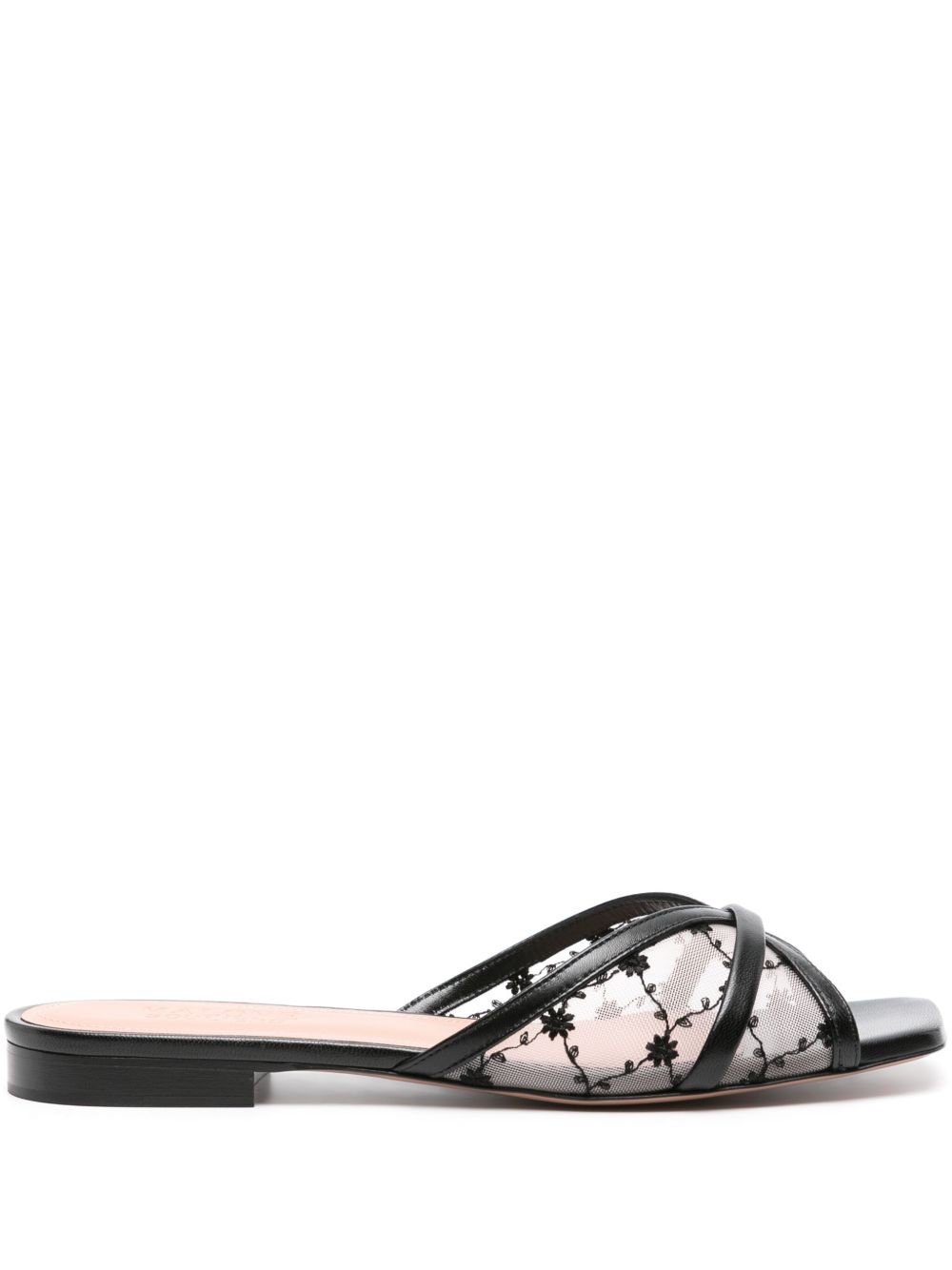 Malone Souliers Perla 花卉刺绣网纱拖鞋 - 黑色
