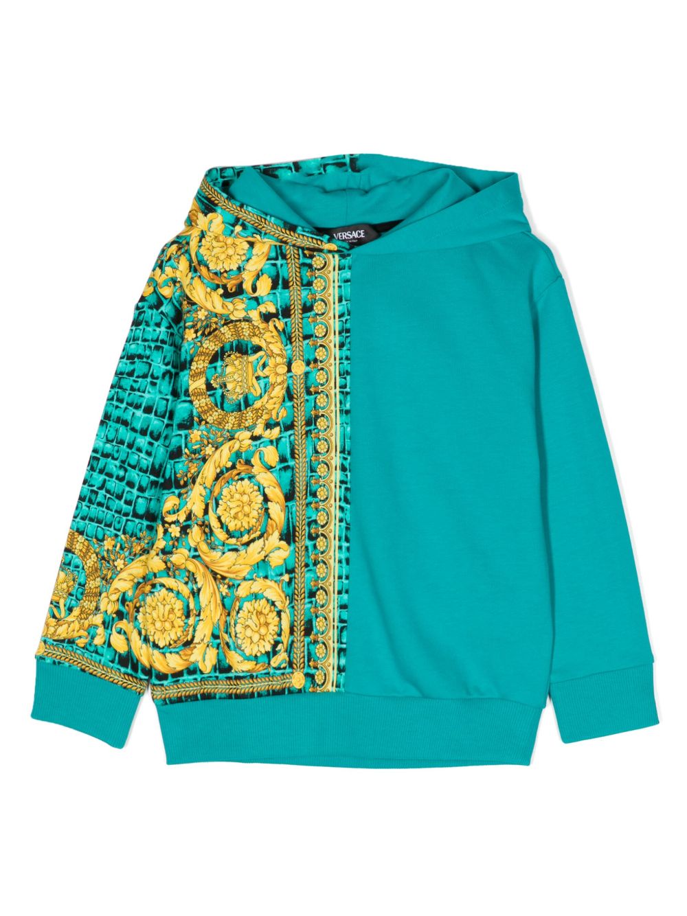Versace Kids 巴洛克印花拼接连帽衫 - 绿色