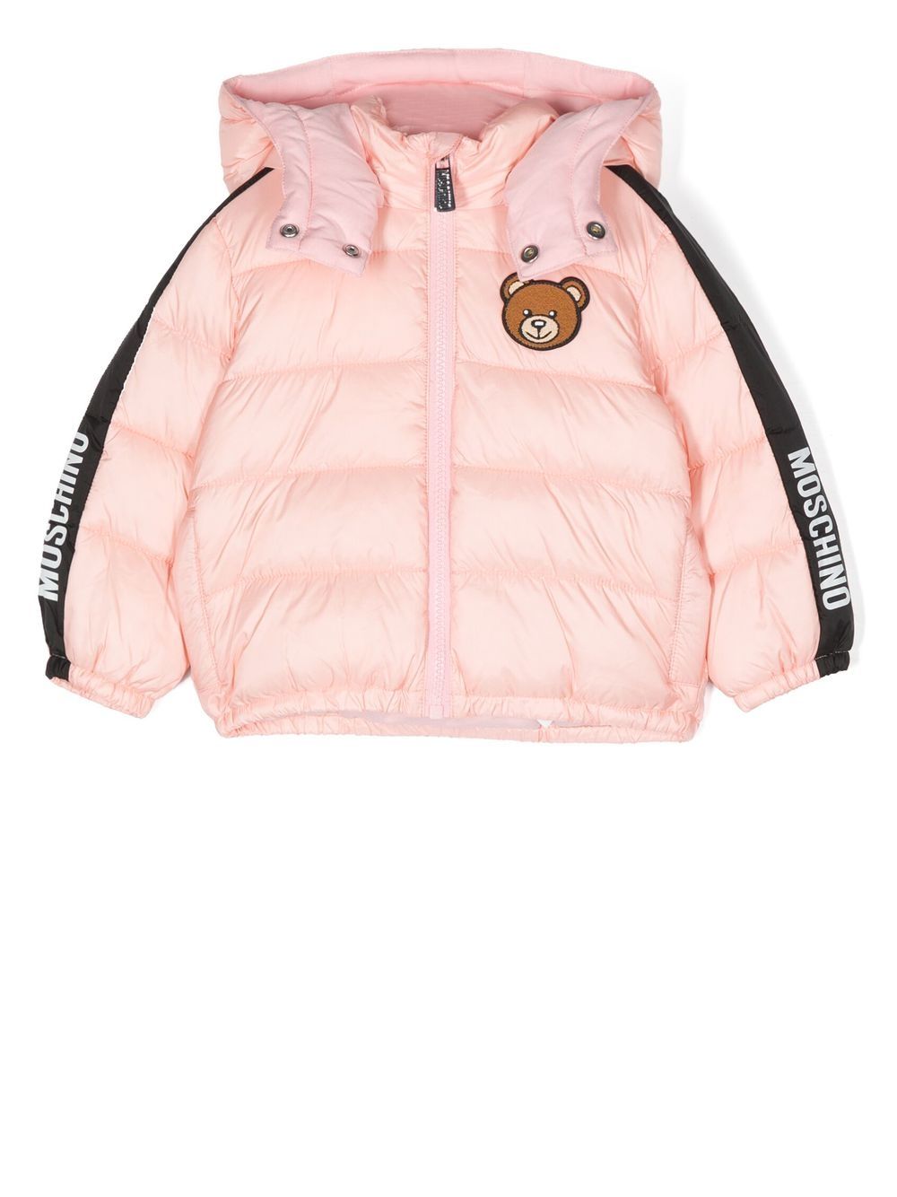 Moschino Kids 莫斯奇诺 logo织带连帽填充夹克 - 粉色