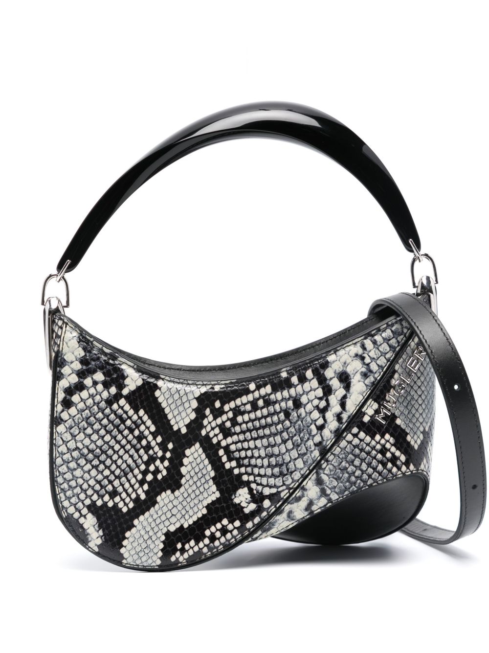 Mugler logo标牌仿蛇皮效果单肩包 - 黑色