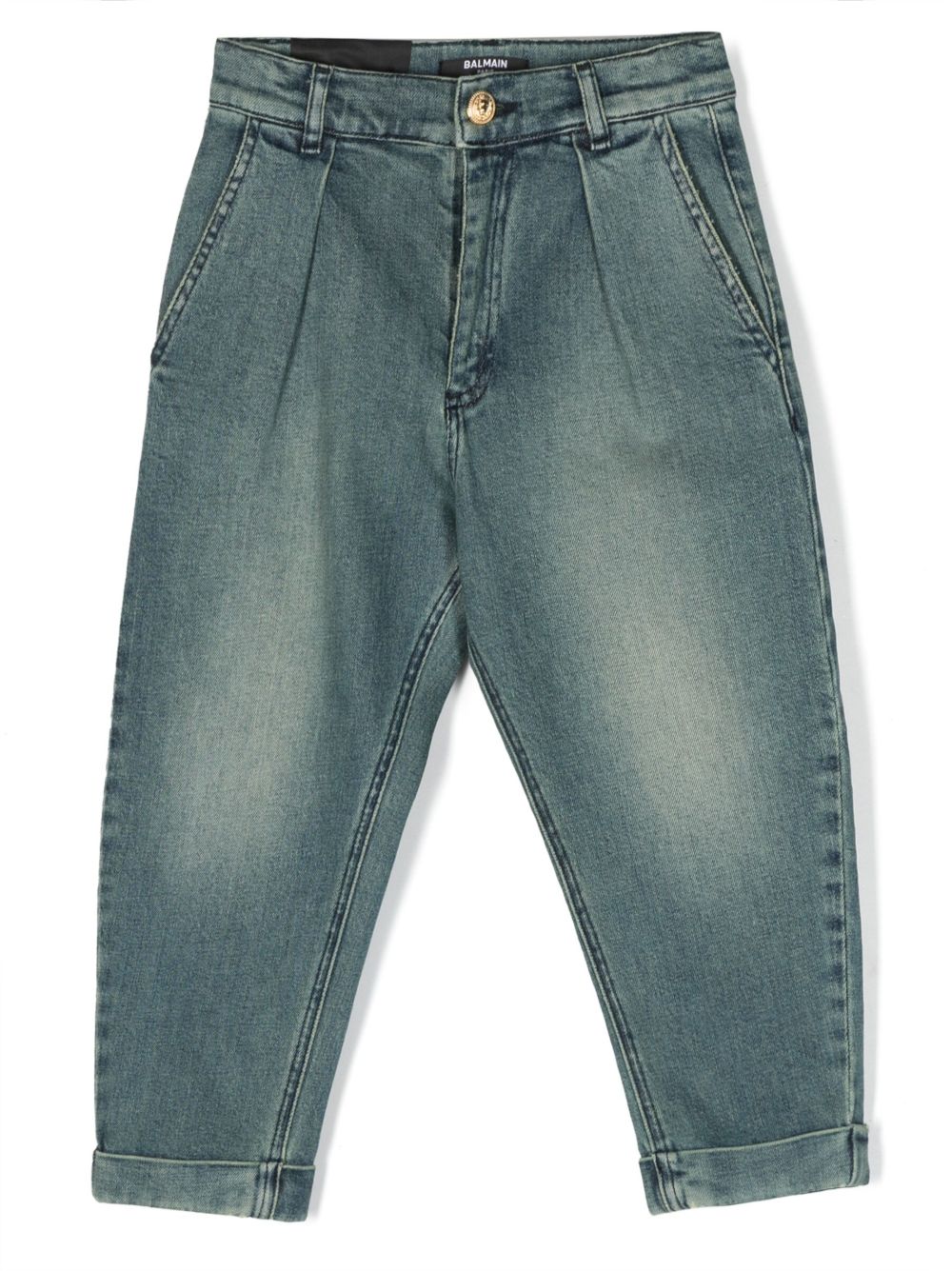 Balmain Kids 褶饰细节标贴牛仔裤 - 蓝色