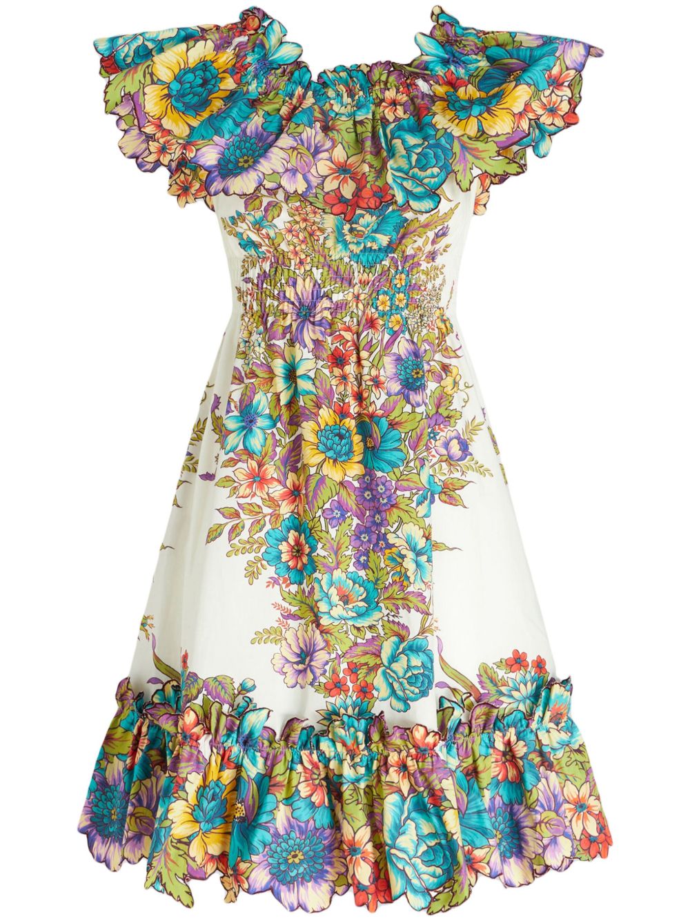 ETRO 花卉印花露肩连衣裙 - 白色