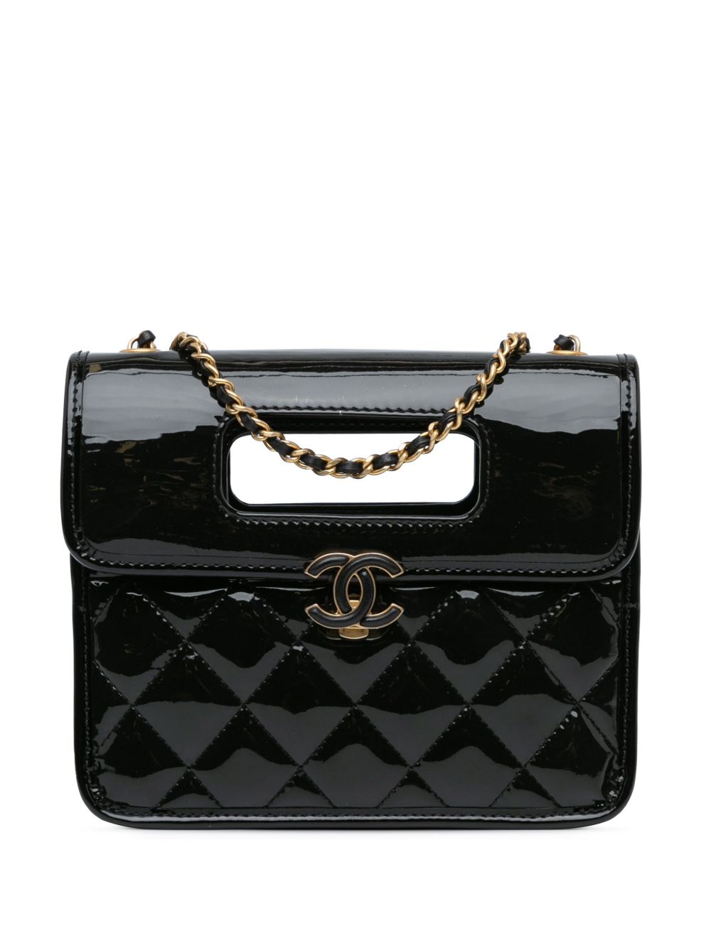 CHANEL Pre-Owned Graphic Catch Flap 迷你绗缝亮面斜挎包（2021-2024年典藏款） - 黑色