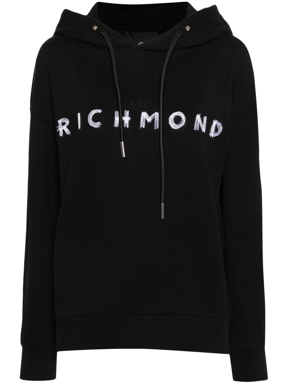 John Richmond logo刺绣棉连帽衫 - 黑色