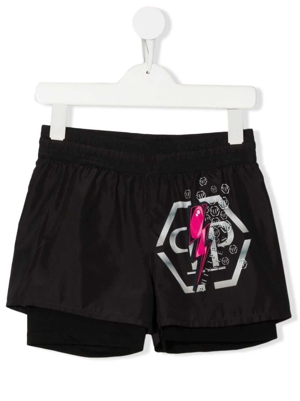 Philipp Plein Junior logo印花分层式泳裤 - 黑色