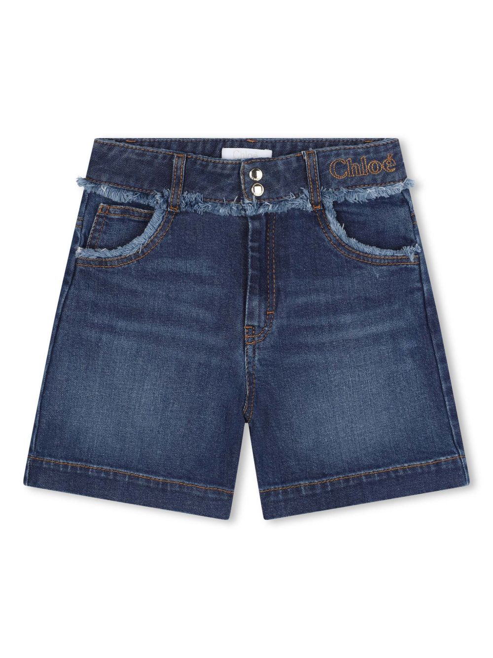 Chloé Kids logo刺绣牛仔短裤 - 蓝色