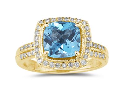 2 1/2 Carat Cushion Cut Blue Topaz & Diamond Ring in 14K Yellow Gold