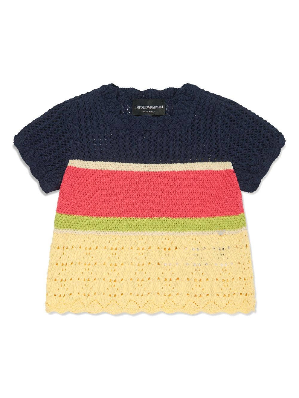 Emporio Armani Kids 条纹钩编针织棉上衣 - 黄色