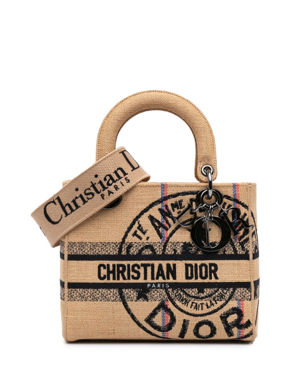 Christian Dior Pre-Owned Lady D Lite 中号帆布黄麻刺绣斜挎包（2022年典藏款） - 褐色