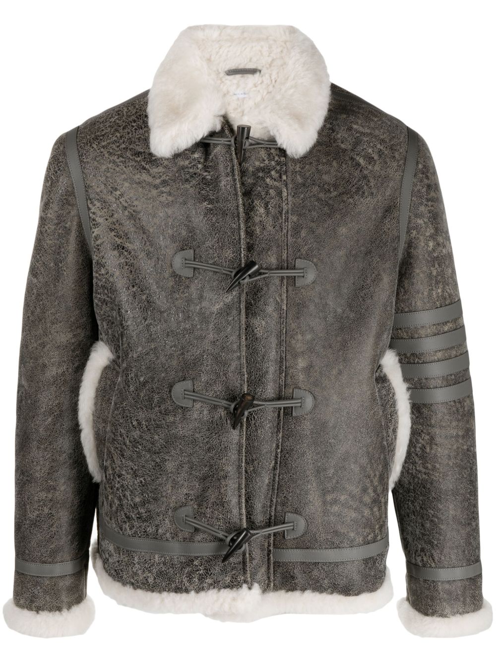 Thom Browne 皮毛一体边饰褶皱感皮质夹克 - 灰色
