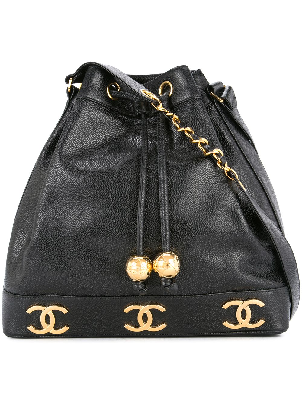 CHANEL Pre-Owned 古着logo抽绳单肩包 - 黑色