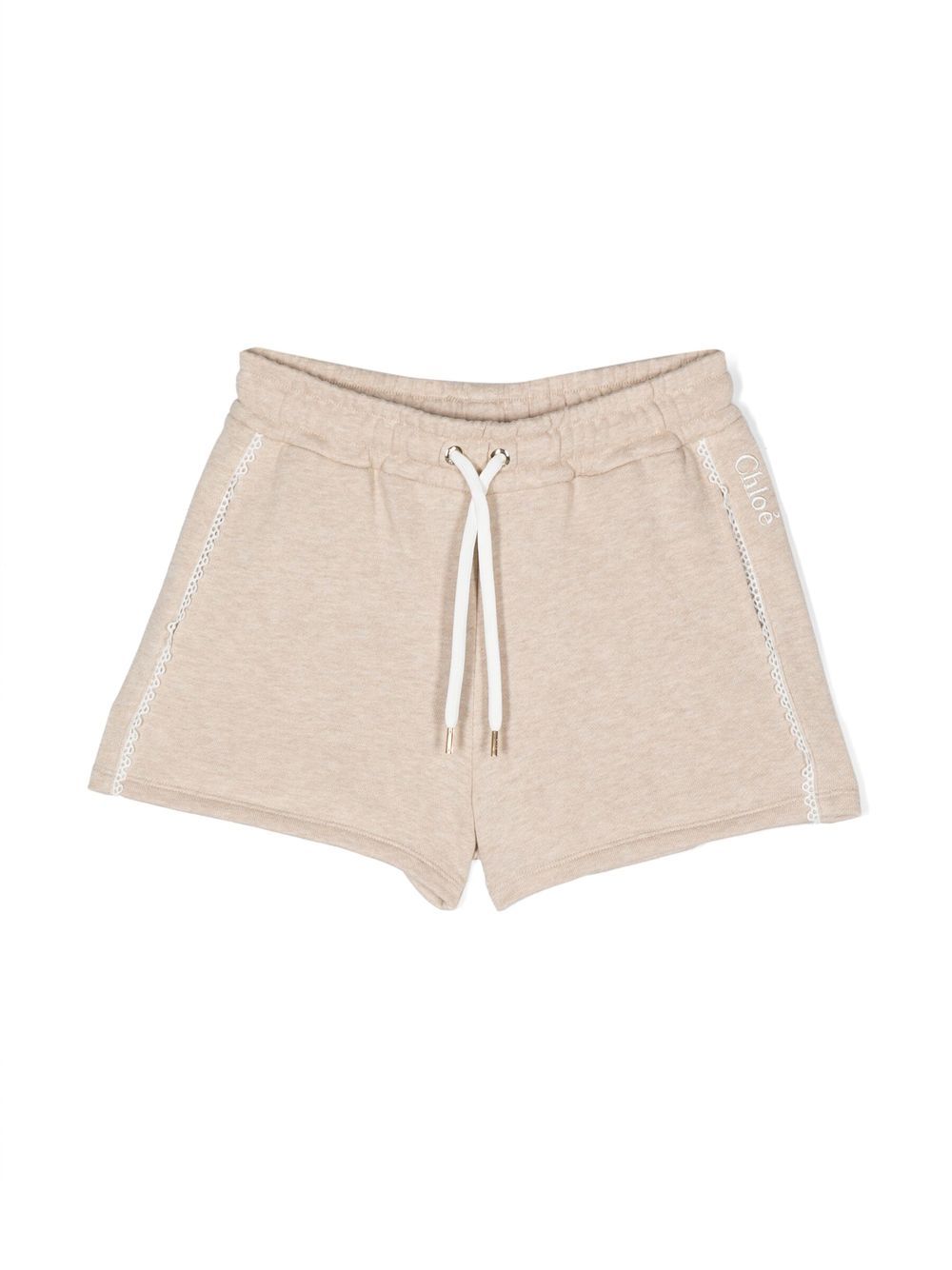 Chloé Kids logo刺绣平纹针织运动短裤 - 褐色