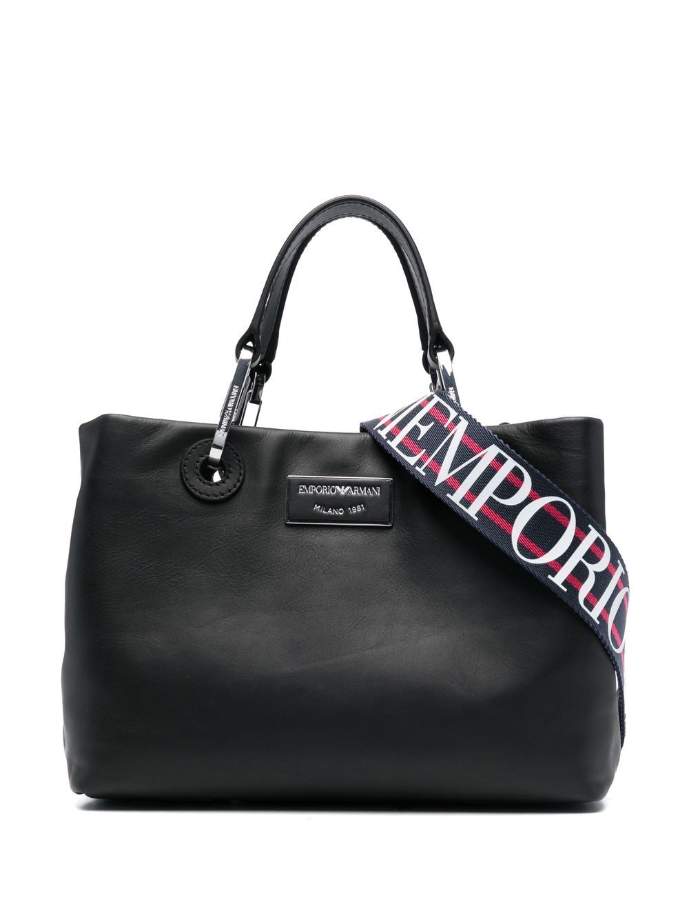 Emporio Armani logo标牌皮质托特包 - 黑色