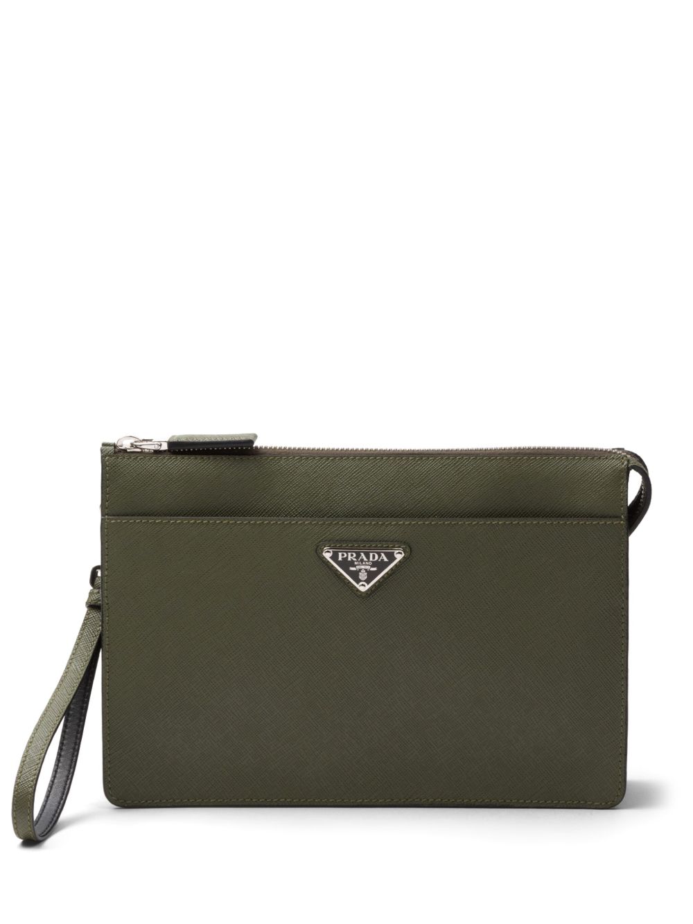 Prada Saffiano 珐琅三角形logo拉链手拿包 - 黑色
