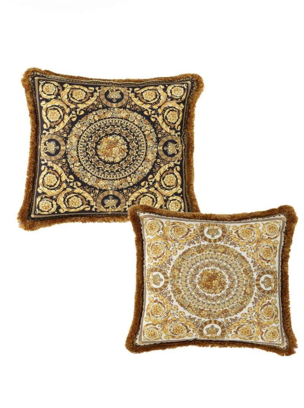 Versace Gold, Black And White Pillow In Silk And Synthetic Fibers With Baroque Print
