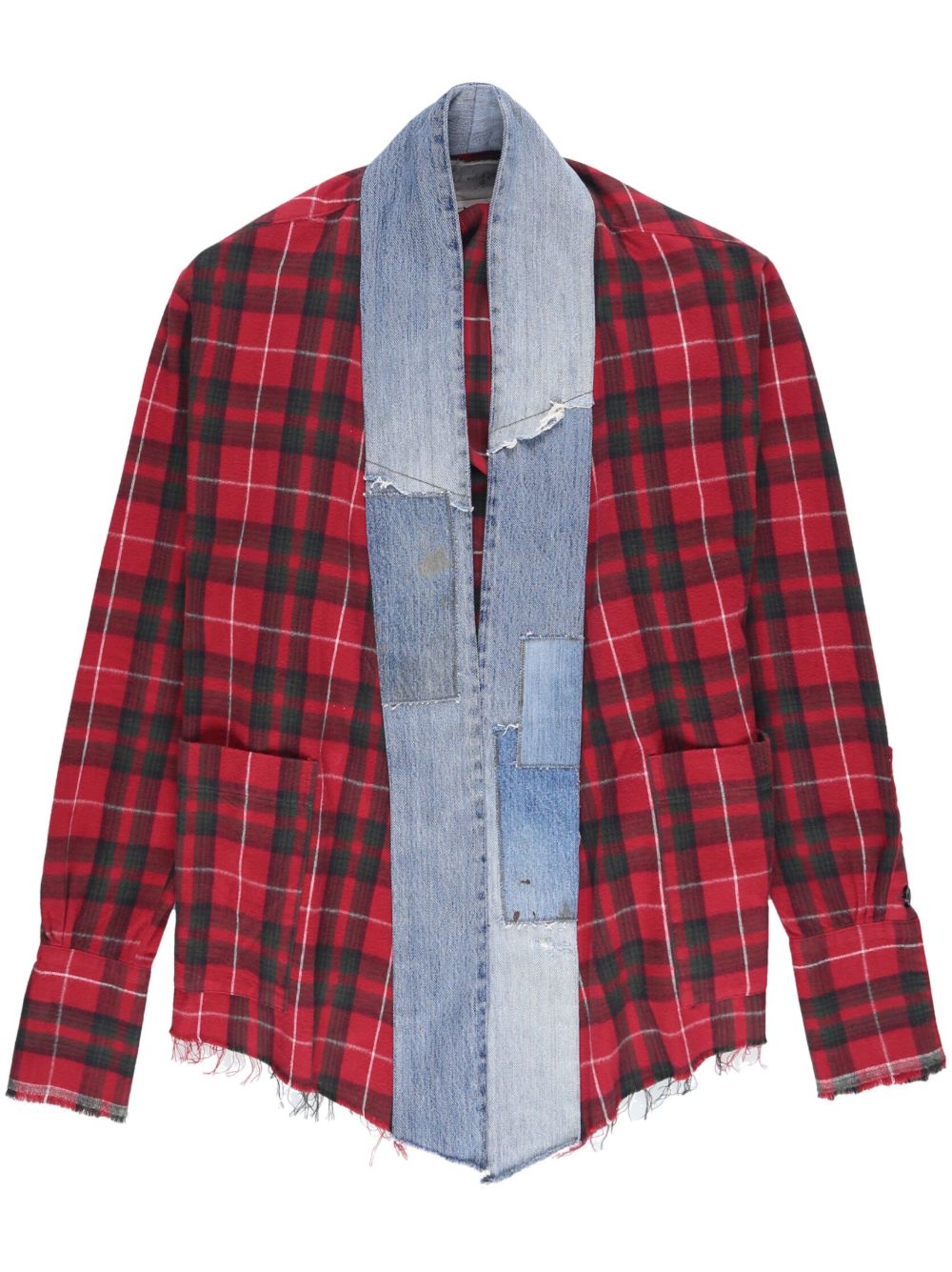 Greg Lauren 格纹印花牛仔细节开襟衬衫 - 红色