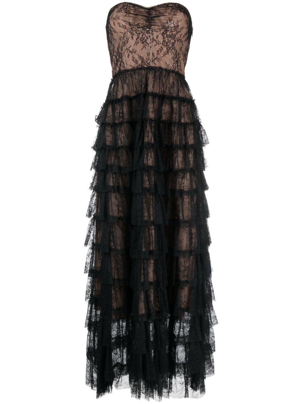 TWINSET 荷叶边尚蒂伊蕾丝超长连衣裙 - 黑色
