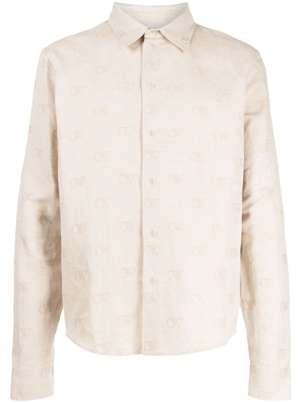 Off-White logo提花棉亚麻混纺衬衫 - 中性色