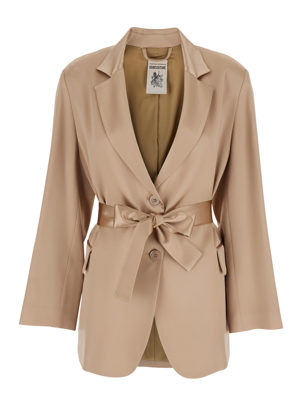 SEMICOUTURE christiana Beige Jacket With Classic Lapels And Waist Belt In Silk Blend Woman