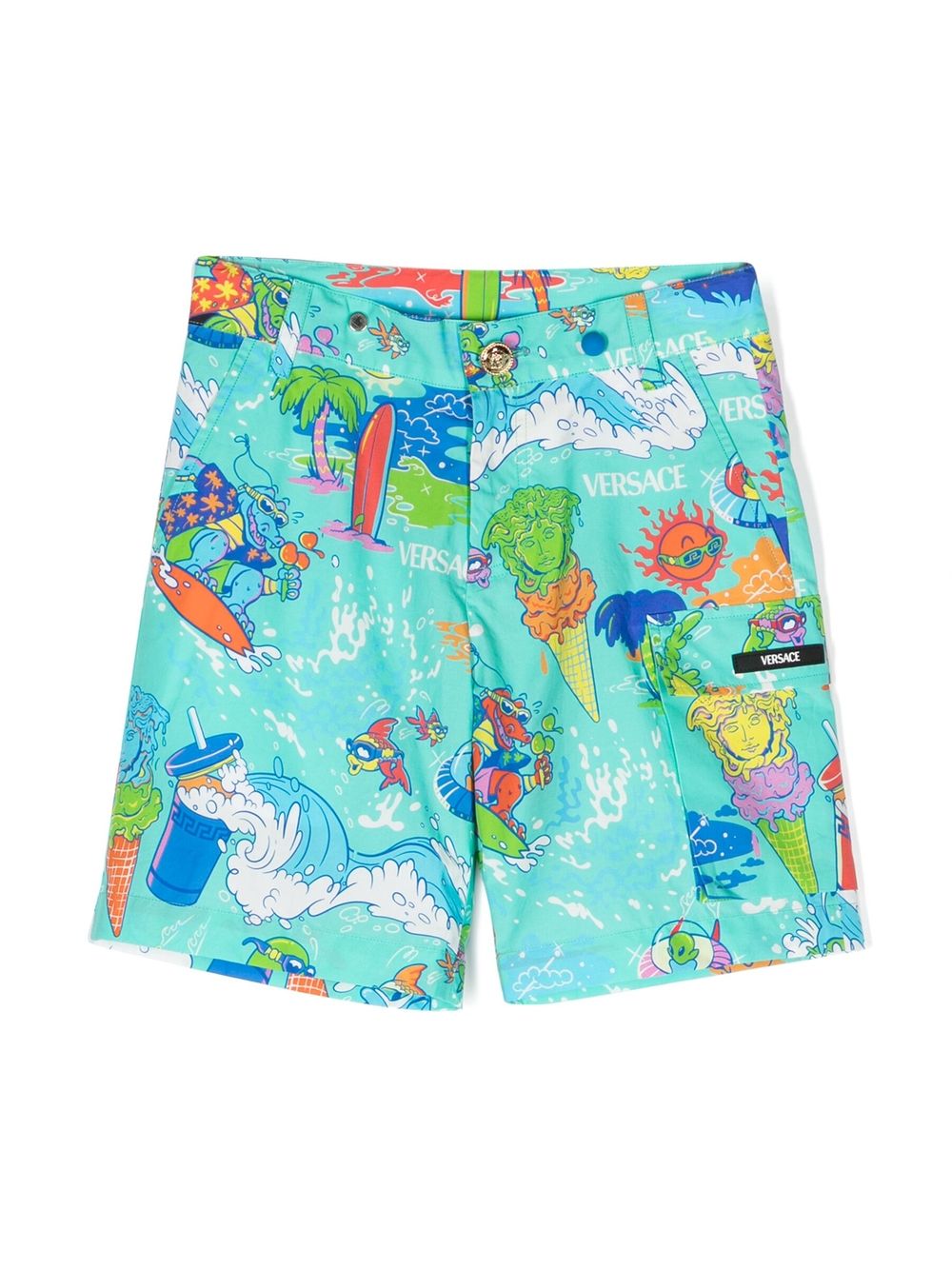 Versace Kids 图案印花棉短裤 - 蓝色