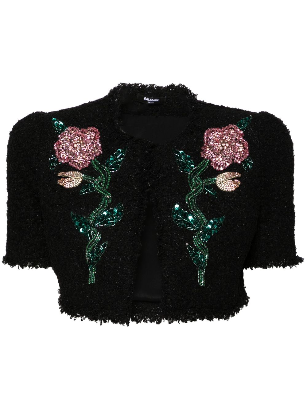 Balmain 花卉刺绣粗花呢夹克 - 黑色
