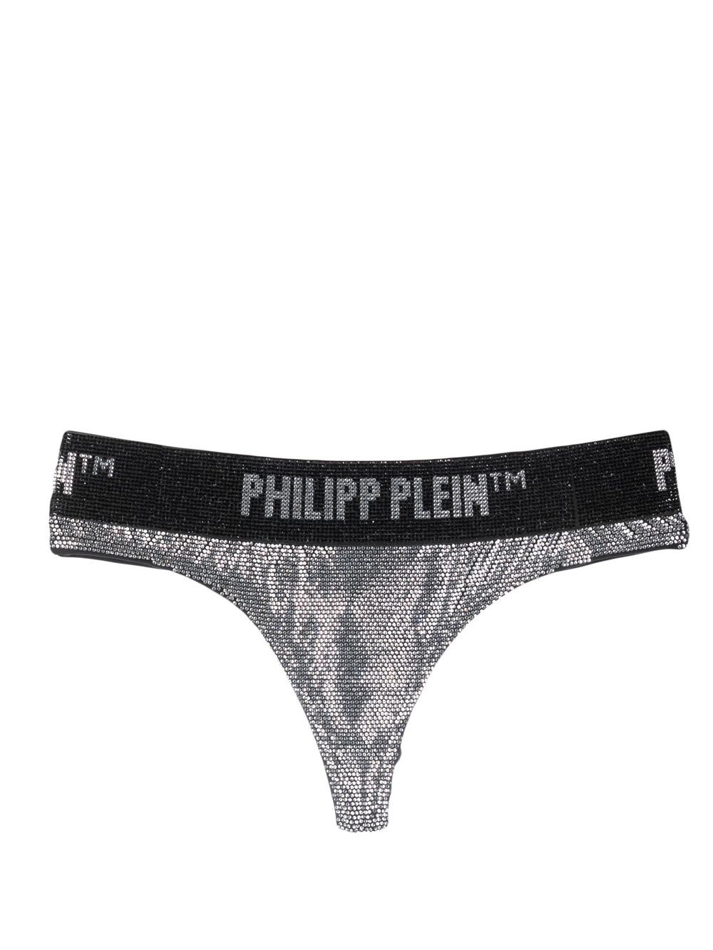 Philipp Plein 金属感晶饰丁字裤 - 银色