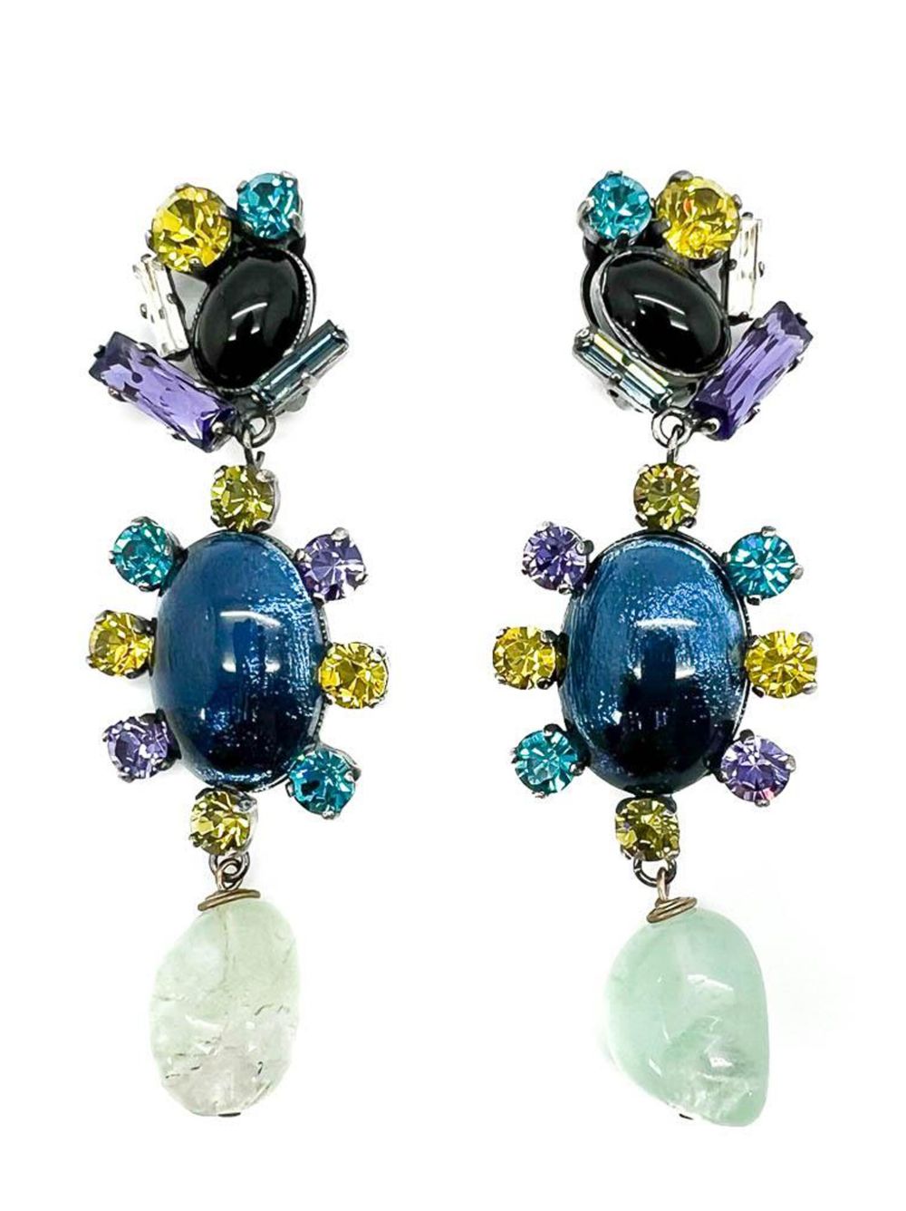 Jennifer Gibson Jewellery Vintage Philippe Ferrandis Foiled Glass &amp; Stone Earrings 1980s - 蓝色