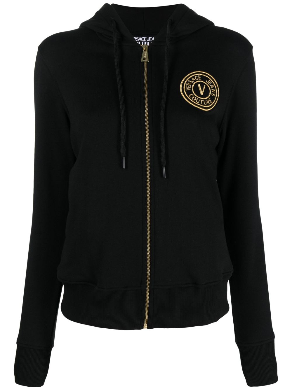 Versace Jeans Couture logo刺绣拉链棉连帽衫 - 黑色