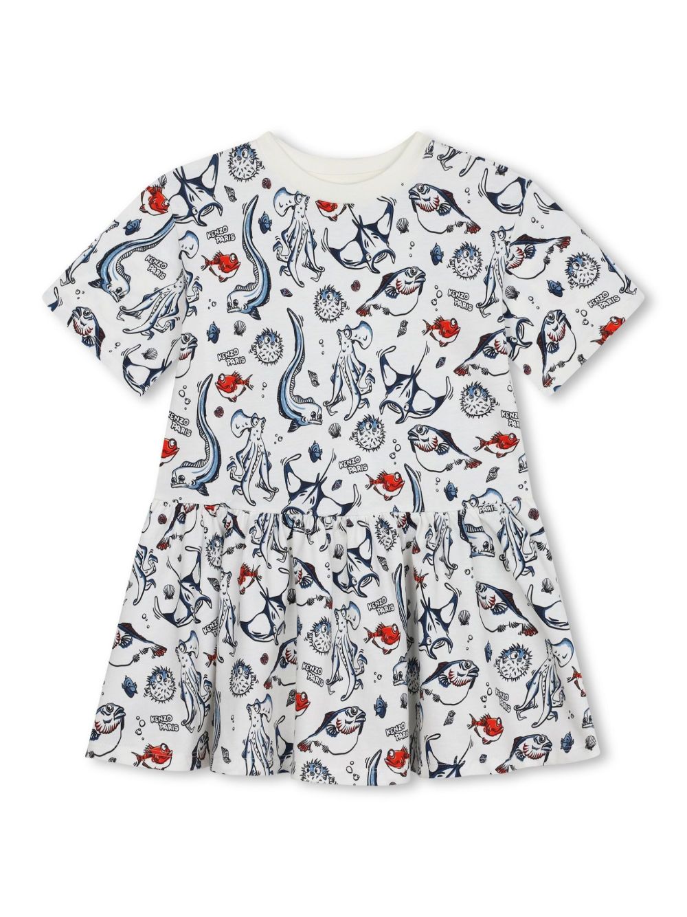 Kenzo Kids 海洋印花棉连衣裙 - 白色