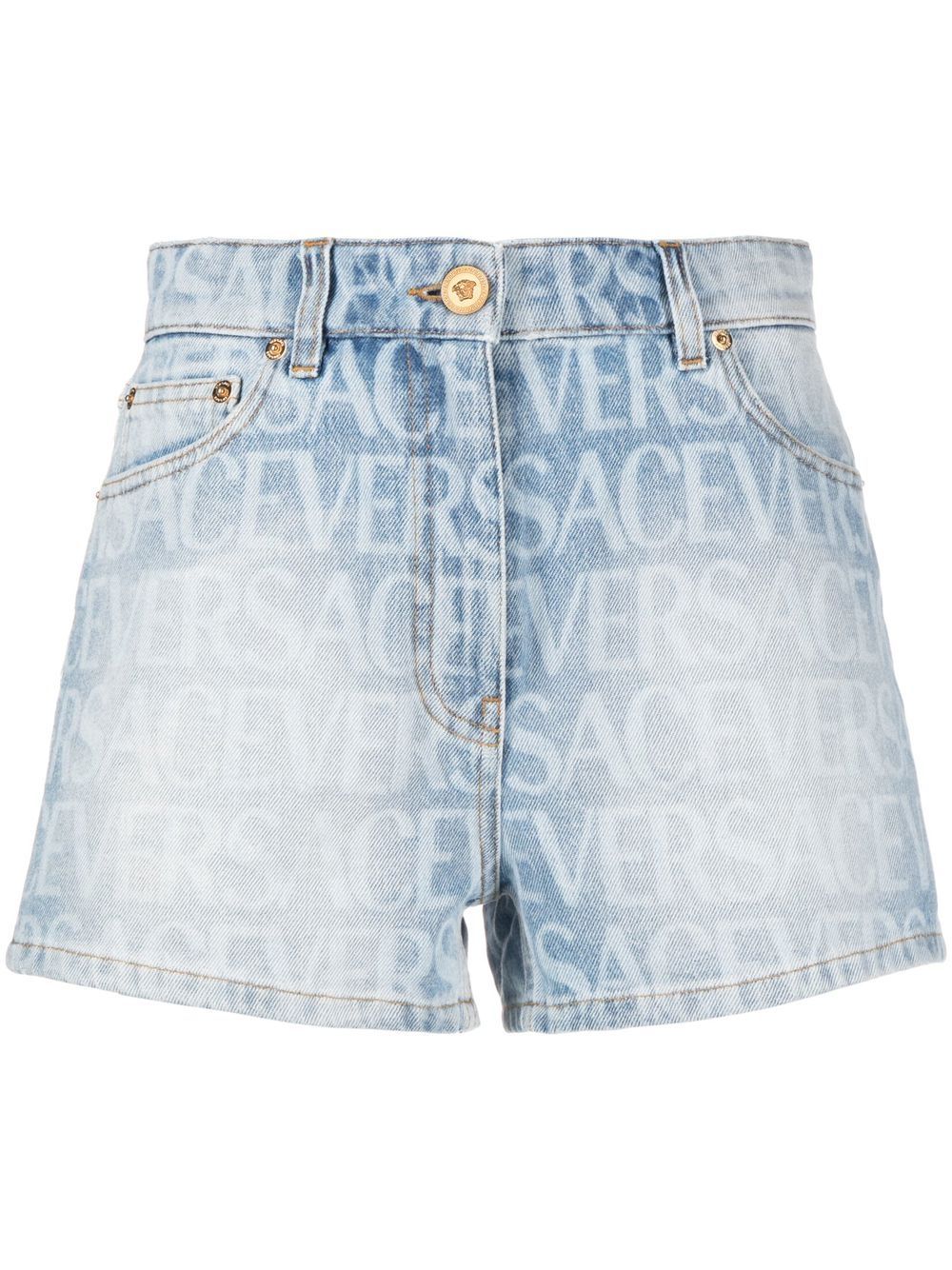 Versace logo印花牛仔短裤 - 蓝色