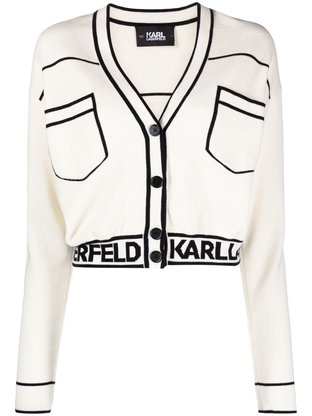 Karl Lagerfeld logo织带V领开衫 - 白色