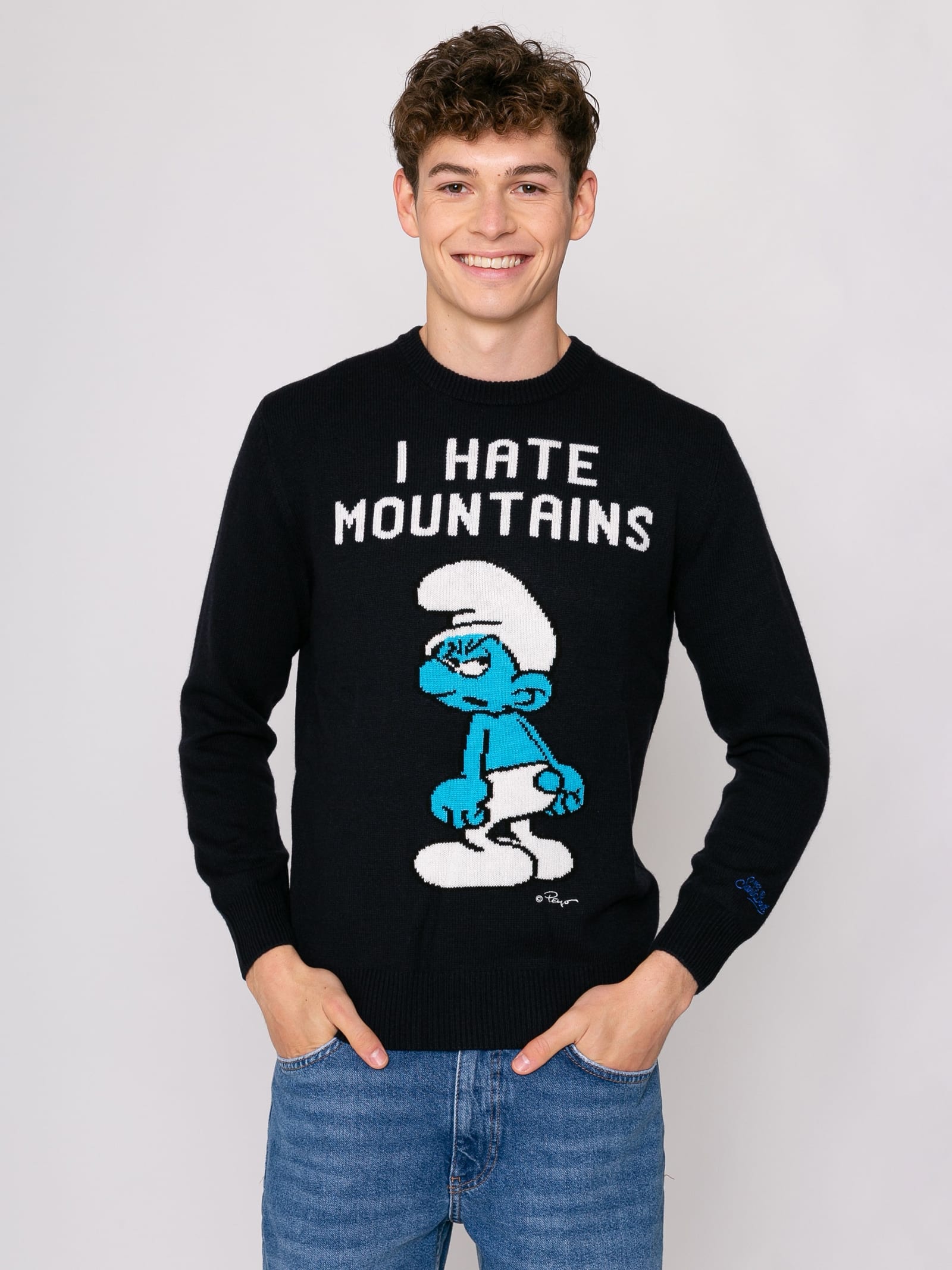 MC2 Saint Barth Man Blue Navy Sweater i Hate Mountains Smurf Print peyo Special Edition